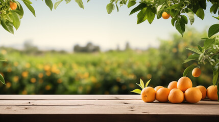 oranges fruits on wooden table with farms views background for products montage, healthy food...