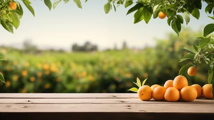 Fotobehang oranges fruits on wooden table with farms views background for products montage, healthy food collection for represent concept of organic fruits, fresh ingredient, food and wellness theme © IMAGINIST : Food