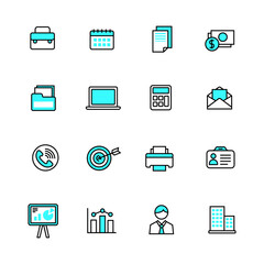 Set of office icons with blue and white color. Office signs linear icons