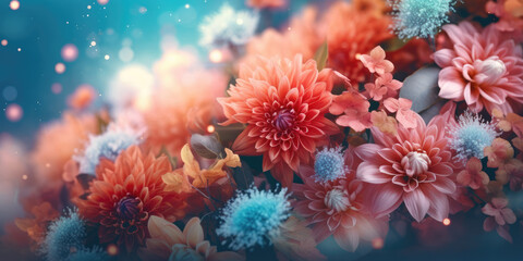 Floral border, assorted garden flowers background, romantic pink backdrop, flat lay, top view