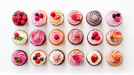 Obraz premium cupcakes decorated with fruits and colorful frosting, top view on white background, collection of delicious food theme