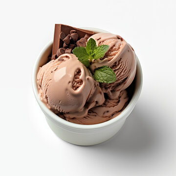 chocolate ice cream with chocolate chunks and mint in the cup on white background, collection of delicious food theme