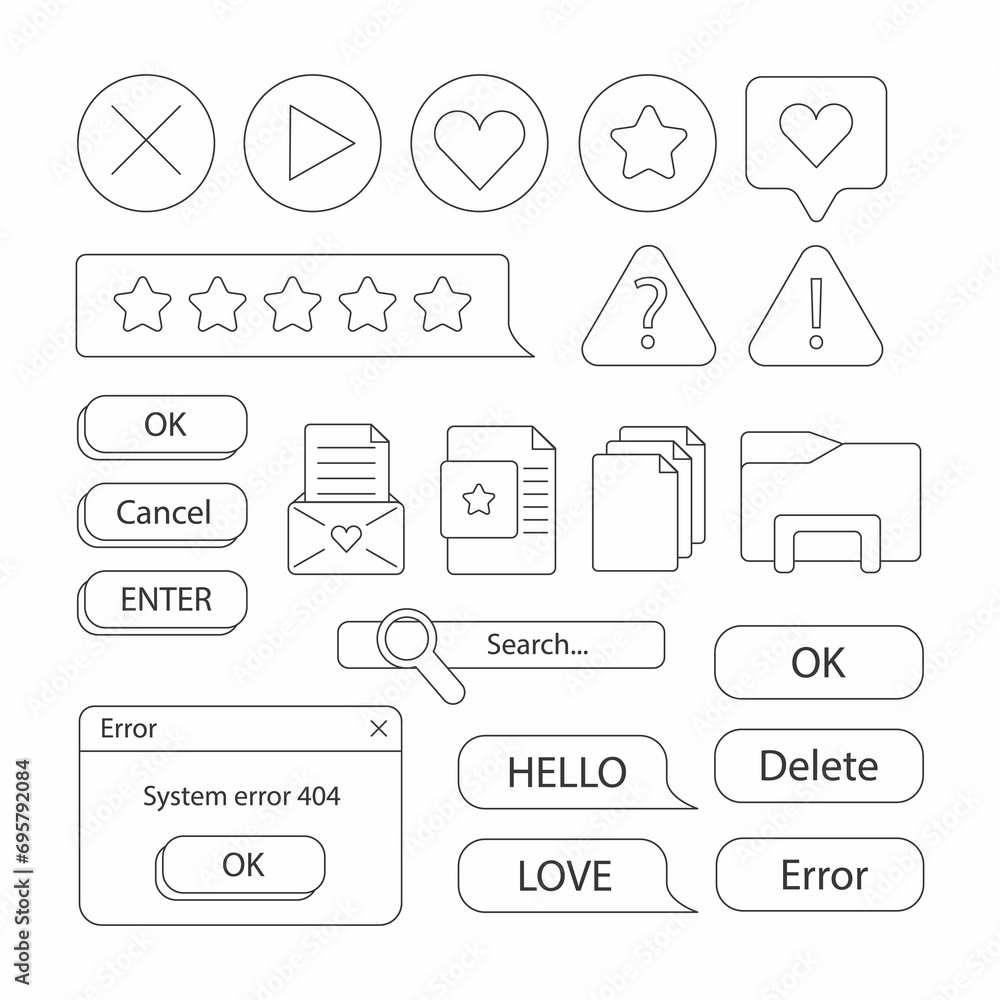 Poster 90s retro vaporwave old desktop user interface elements. doodle style. cute nostalgic computer ui, v
