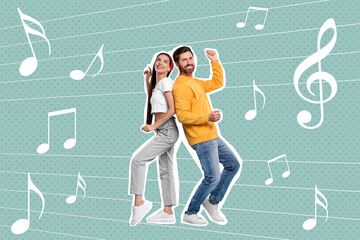 Happy couple dancing on bright background. Creative collage with stylish man and woman. Concept of...