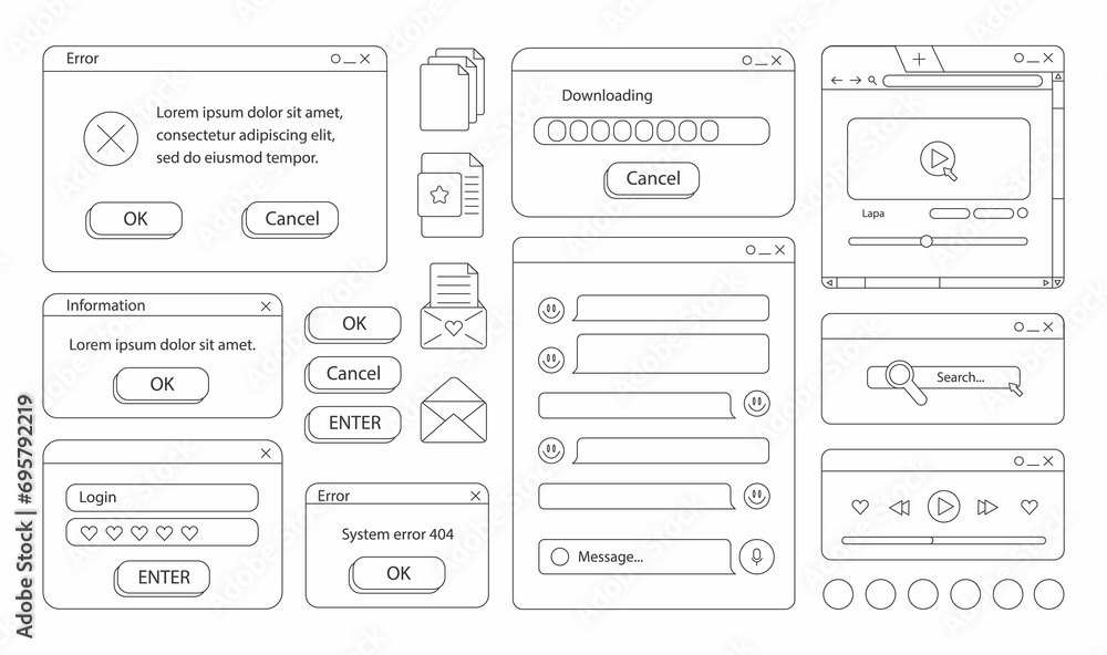 Poster 90s retro vaporwave old desktop user interface elements. doodle style. cute nostalgic computer ui, v