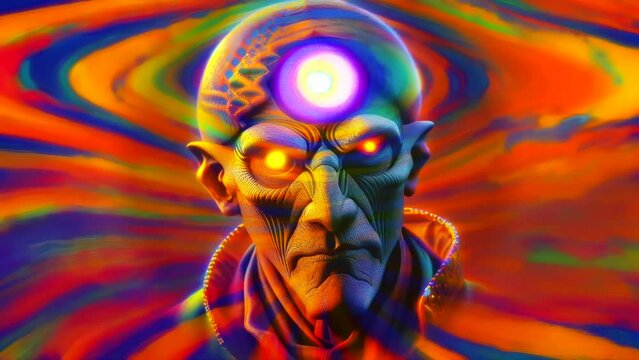 A psychedelic visionary featuring a third eye and radiant orbs set against a mesmerizing, hypnotic background. An embodiment of the DMT entity experience