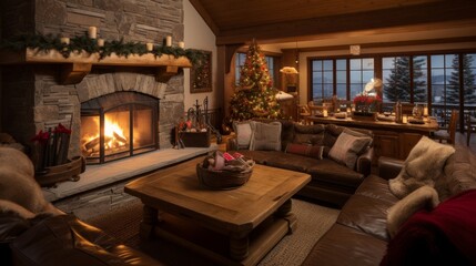 Fototapeta na wymiar Cozy living room with a crackling fireplace, where family and friends exchange gifts on 3 Kings Day
