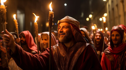 People with candles imitating journey to Bethlehem on the Three Kings Day - obrazy, fototapety, plakaty