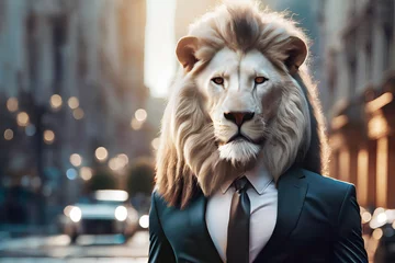 Poster A man with a lion's head, dressed in a suit in a business city. With a serious, defiant attitude. © Rojo