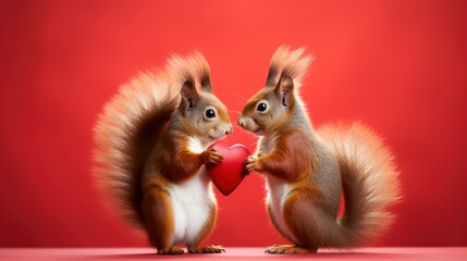 Cute and funny animal-themed Valentine's Day card. a red squirrel couple joyfully holding a red heart on a bright red background.