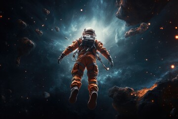 A lone astronaut floating in space among stars