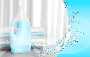 Fabric softener advertising design. Bottle of conditioner, soft clean towels and splash of water