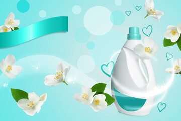 Fabric softener advertising design. Bottle of conditioner and jasmine flowers on light blue...