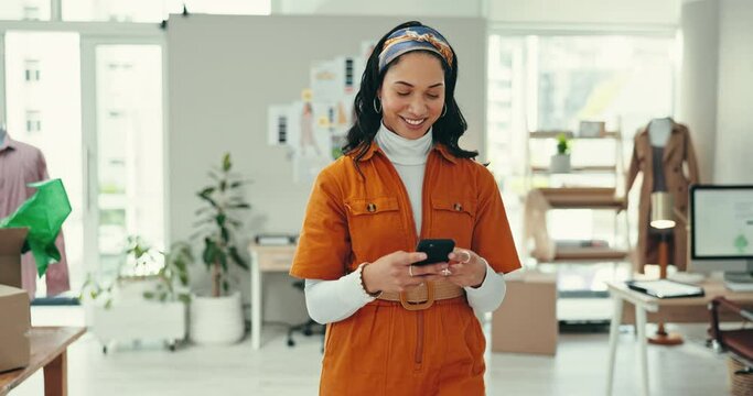 Happy fashion designer, phone or texting for startup, social media or small business for online shop order. Walking, woman or seller on mobile app for networking, boutique blog or e commerce courier