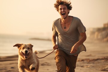 A young European man laughing while walking his dog on a beach. - obrazy, fototapety, plakaty