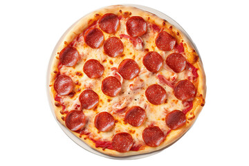 whole Pepperoni pizza on a plate on isolated on transparent background, top view