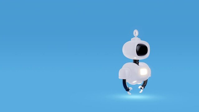 Cartoon robot walking or flying to path on color background. Cute technology character in child style. Digital chatbot, assistant or helper. 3d animation.