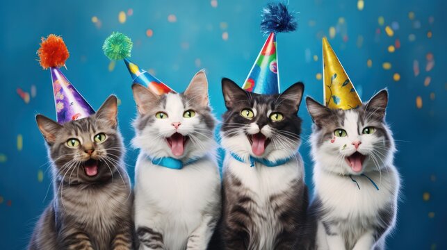 Happy Birthday, carnival, New Year's Eve, Sylvester, or any festive celebration with this humorous card, starring a cat wearing a party hat and sunglasses on a blue background with confetti