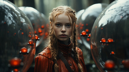 A bold and carefree woman, adorned with intricate braids, stands confidently before a mesmerizing sea of transparent balloons, exuding a sense of joy and mystery in her striking portrait