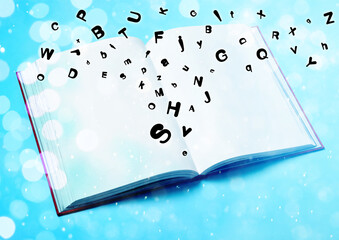 Letters flying out from open book on light blue background, above view. Bokeh effect