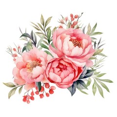 Wedding floral composition. Watercolor peony flowers isolated on white illustration. Generative AI - obrazy, fototapety, plakaty