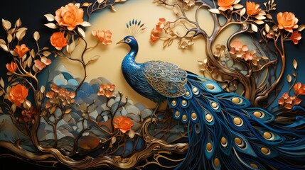 Vibrant and regal, a peacock adorned with gold and blue feathers dances among a garden of delicate flowers in a stunning painting