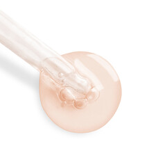 Dropper with serum on white background, top view. Skin care product