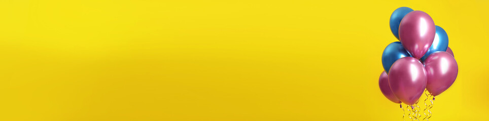 Many balloons on yellow background. Banner design with space for text