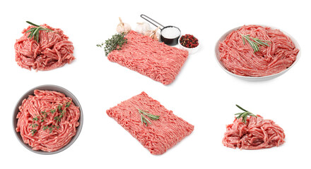 Fresh ground meat on white background, set