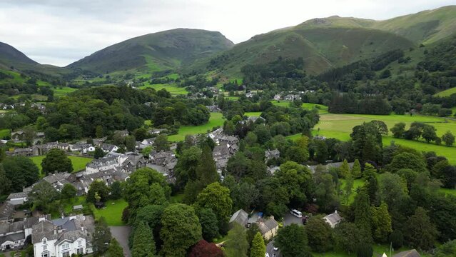 Drone view of Grasmere village in Lake District National Park, England, UK