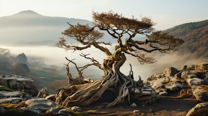 A solitary tree stands tall atop a rocky hill, its twisted roots clinging onto the rugged terrain as fog envelops the surrounding wilderness, with the distant mountains peeking through cloudy sky