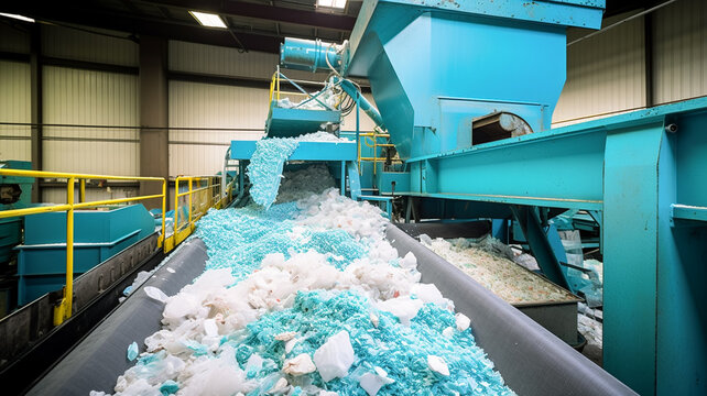 Plastic shredder. Recycling. Close-up of waste shredding process.