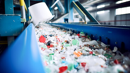 Industry plant for sorting and processing plastic and paper waste. Conveyor assembly line with garbage bottles and packaging.