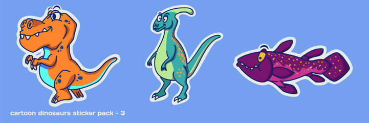 A collection of funny dinosaur vector cartoon character stickers in isolated solid colors background. The third sticker pack features a Tyrannosaurus, Parasaurolophus, and Coelacanth.