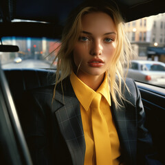 professional woman in the car,model,taxi,yellow,black