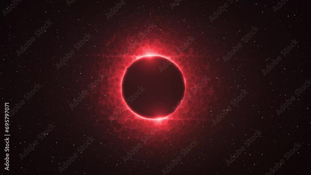 Poster sphere blocking sun creating fiery red light around in the outer space. abstract