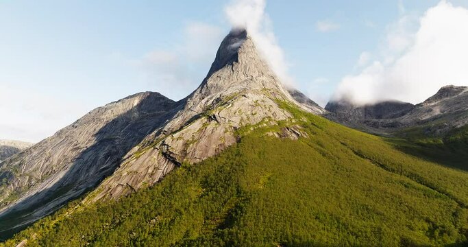 Close aerial view of obelisk-shaped Stetind mountain in Narvik, arctic Norway