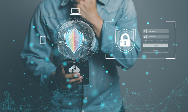 Cybersecurity technology., Cyber security and data protection. Businessman using smart phone protecting business and financial data with virtual network connection, smart solution from cyber attack, - Powered by Adobe