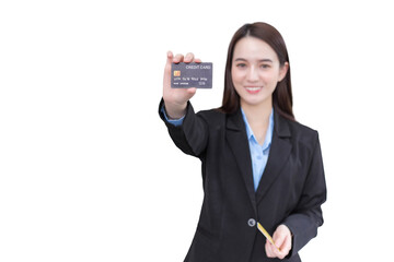 Young professional office Asian business working woman hold credit card closed up in financial...