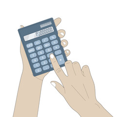 Realistic illustration of a blue calculator in your hands on a white background.