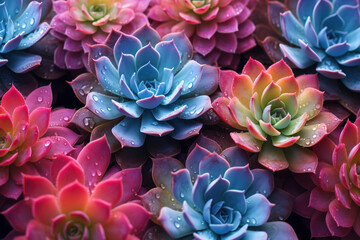 Closeup colourful succulent plants on water drops background. Generative AI - obrazy, fototapety, plakaty