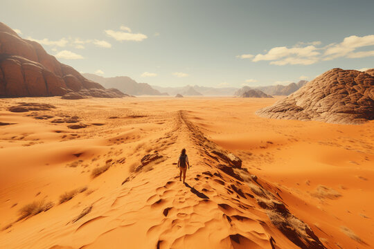 aerial view from drone of the wanderer, creating a mirage-like effect and showcasing the vastness of the desert in a cinematic-style photo