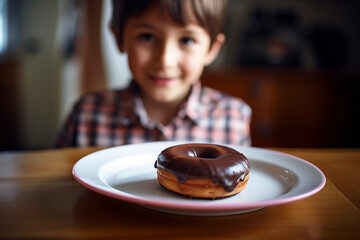Boy child in front of plate with unhealthy chocolate donut