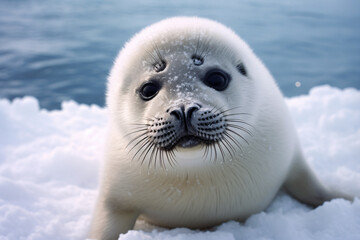 Young seal pup  with white fur in snow