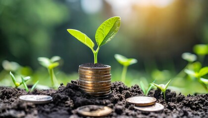 A seedling is growing on a coin lying on the ground. Green investment concept ,Rising money to...