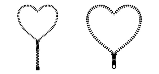Love, heart zip fastener with zipper puller. Clasp for clothes.  zip or zippers types. For valentine, valentines day. Hearts zipper lock and unlock - obrazy, fototapety, plakaty