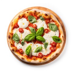 Top view of margherita pizza on a white background.