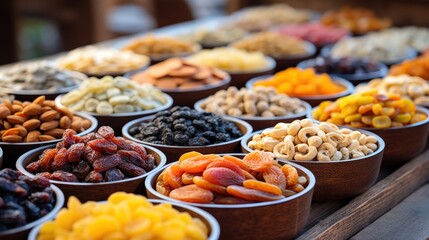 Dry fruits on display at the market, creating a mix of vibrant and colorful backgrounds.