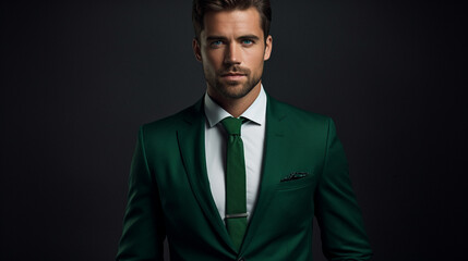 Handsome Man in Vibrant Emerald Suit , Portrait of a confident, handsome man against a monochrome backdrop. His poised stature, chestnut hair, and vibrant emerald suit exude sophistication and style - obrazy, fototapety, plakaty