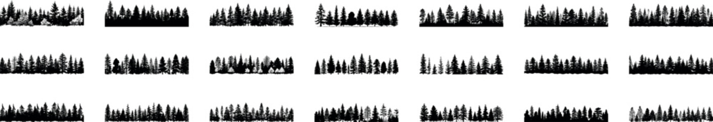 Sets of vector black and white forest icons depict trees, leaves, and wildlife silhouettes for versatile design use.